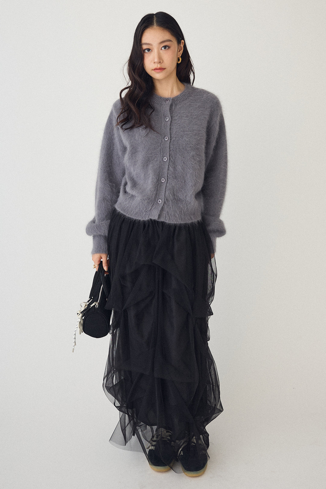 [予約/SET]ウールソフトカーディガン+マルチパターンタックチュールスカート(2set)