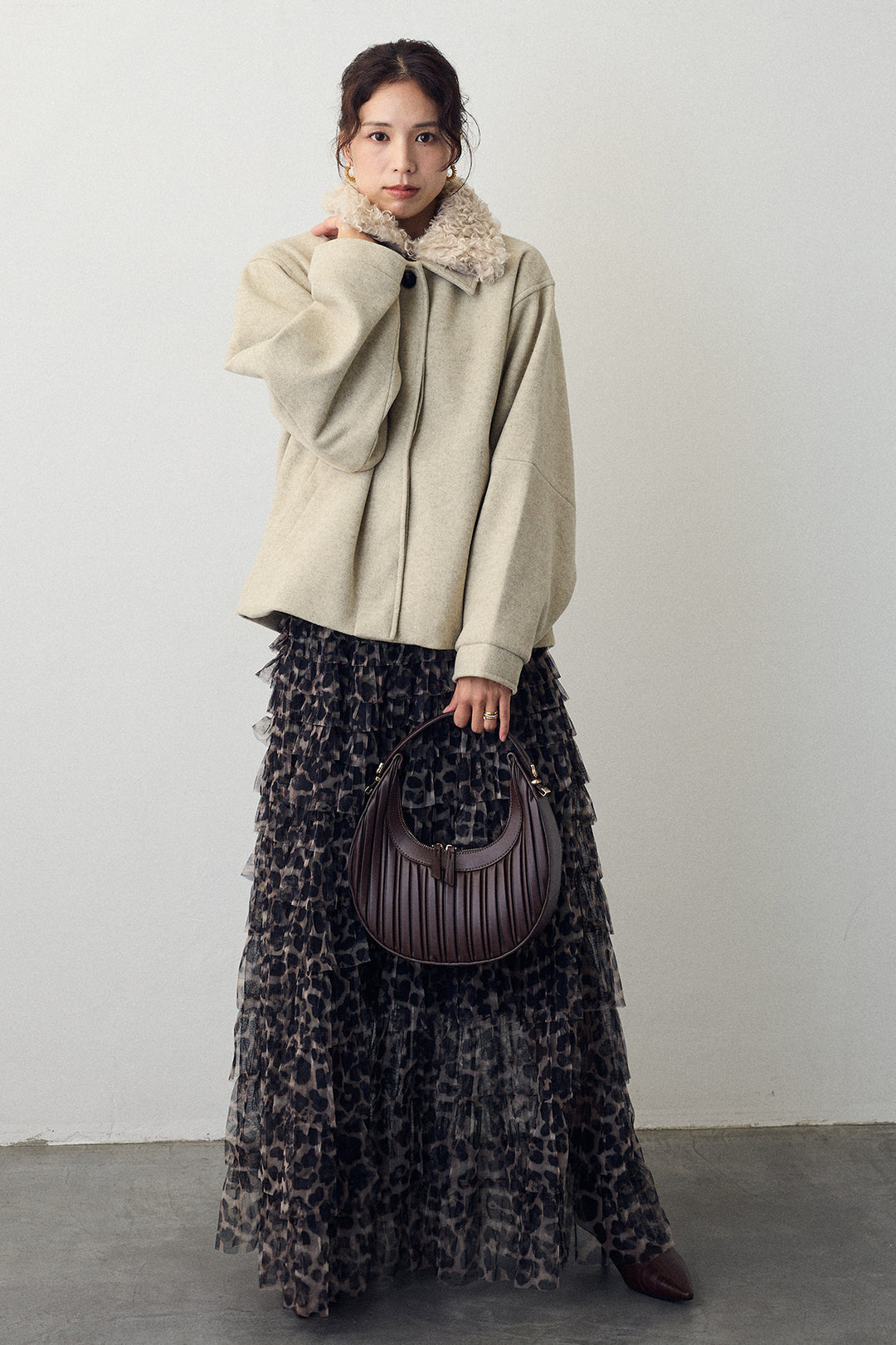 [予約/SET]プードル襟2wayコート+レオパードチュールティアードスカート(2set)