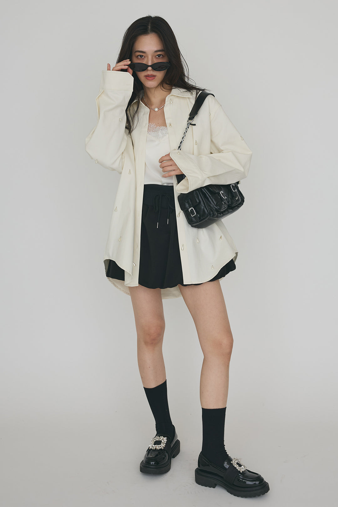 [予約/SET]雫パールデザインオーバーシャツ+スウェットバルーンスカート(2set)