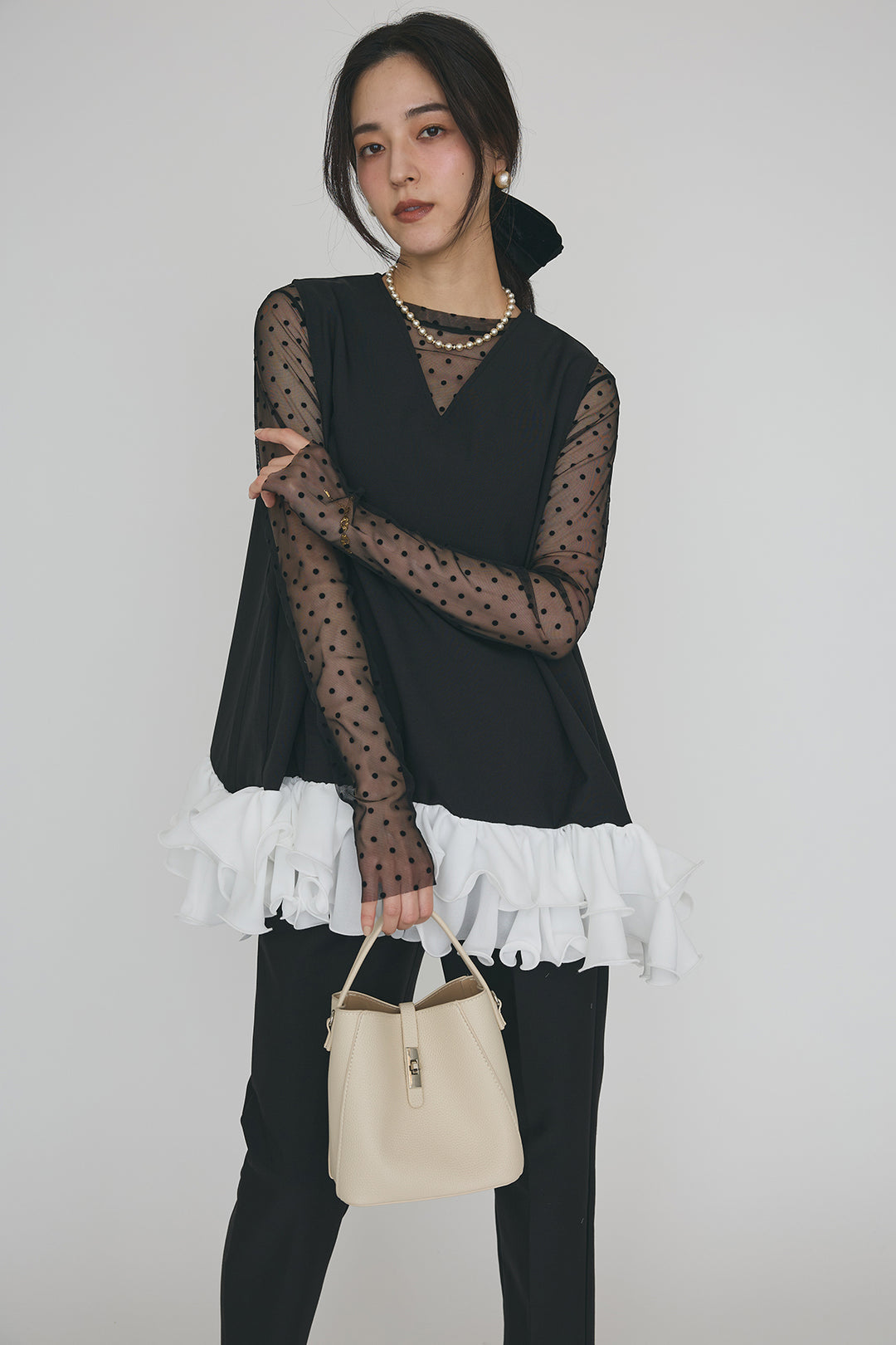 [予約/SET]異素材フリルヘムVネックチュニック+タックテーパードパンツ(2set)