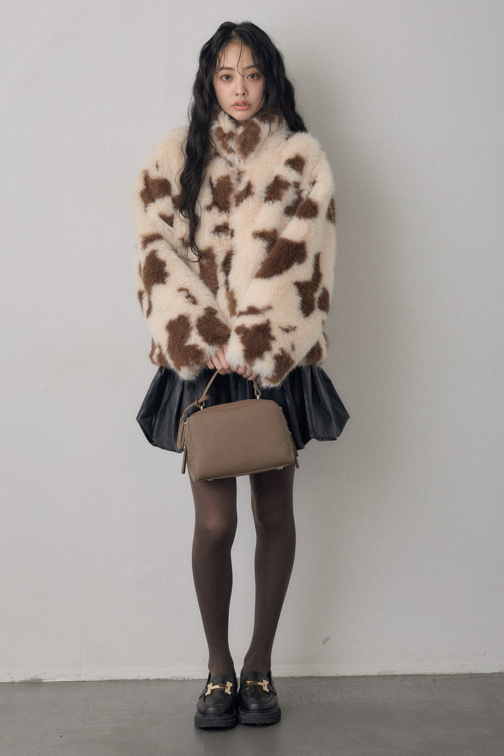 [予約/SET]COW柄スタンドファーライクコート+フェイクレザーティアードバルーンミニスカート(2set)