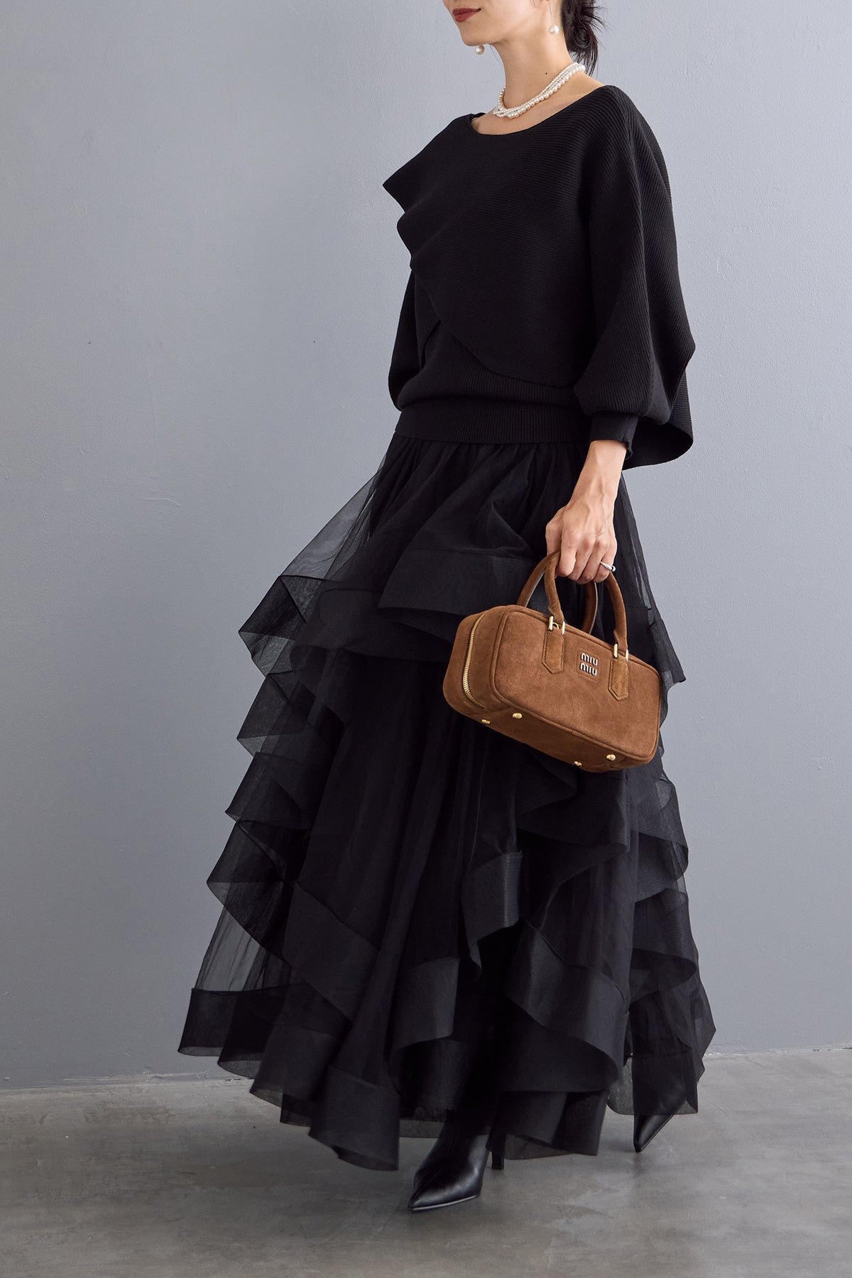 Frene ランダムフリルティアードボリュームスカート ブラック 予約/SET]アシメケープタンクニットセット+ランダムフリルティアード