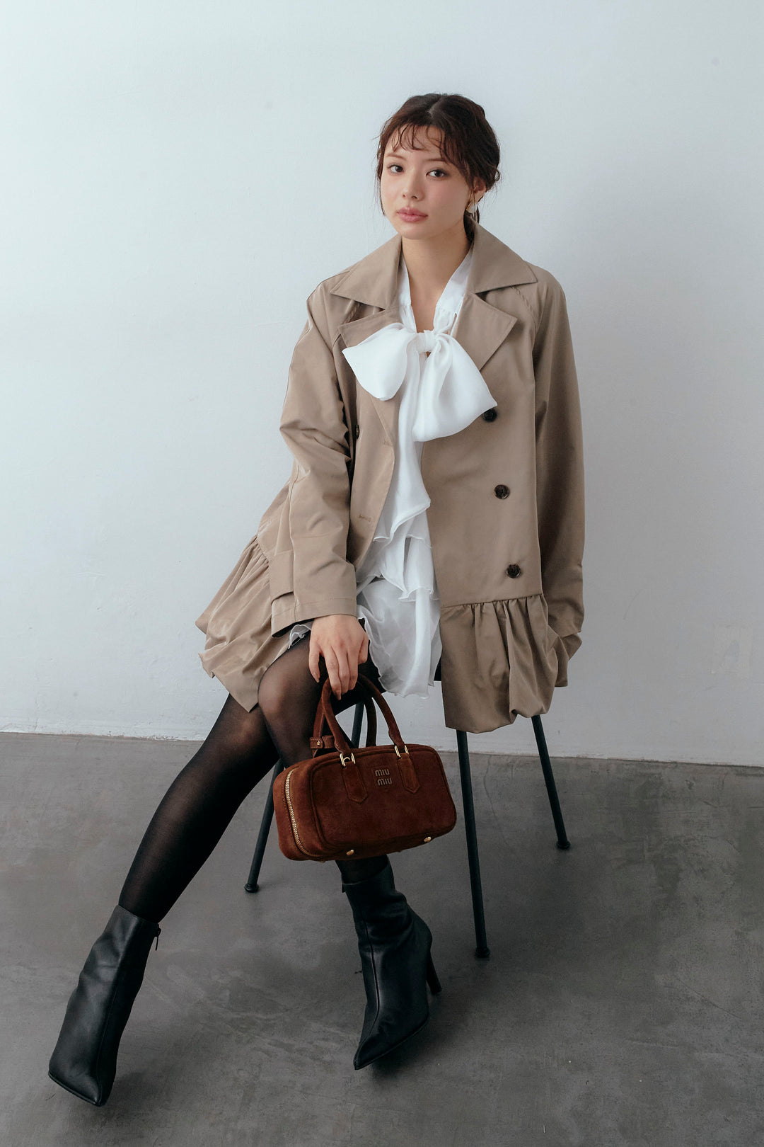 [予約/SET]フロントBIGリボンティアードエアリーチュニック+バルーンヘムミディ丈トレンチコート(2set)