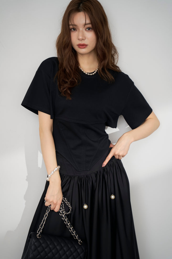 [予約/SET]バックレースアップTシャツ+ビッグパールデコレーションボリュームフレアスカート(2set)