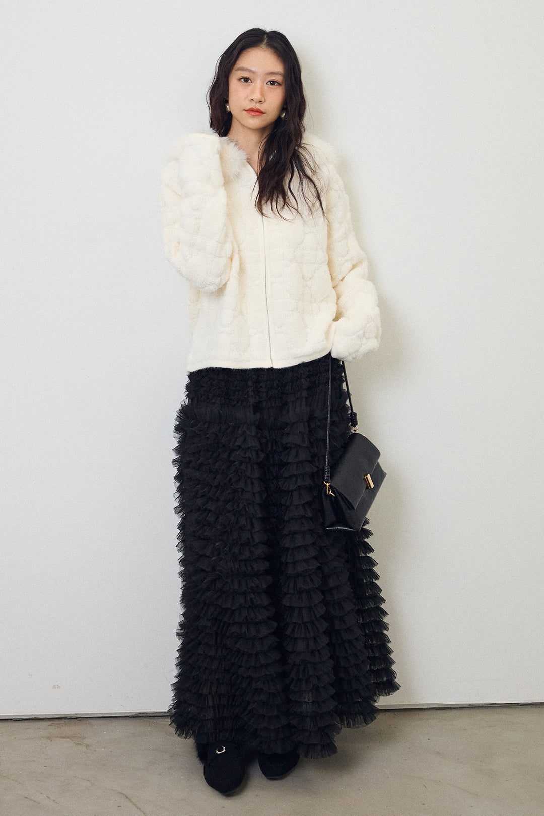 [予約/SET]フードファーキルトZIPニットブルゾン+ホイップチュールティアードスカート(2set)