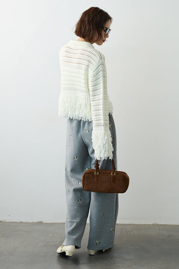 [予約/SET]メッシュフリンジクロップドニット+フラワー刺繍ストレートポンチパンツ(2set)
