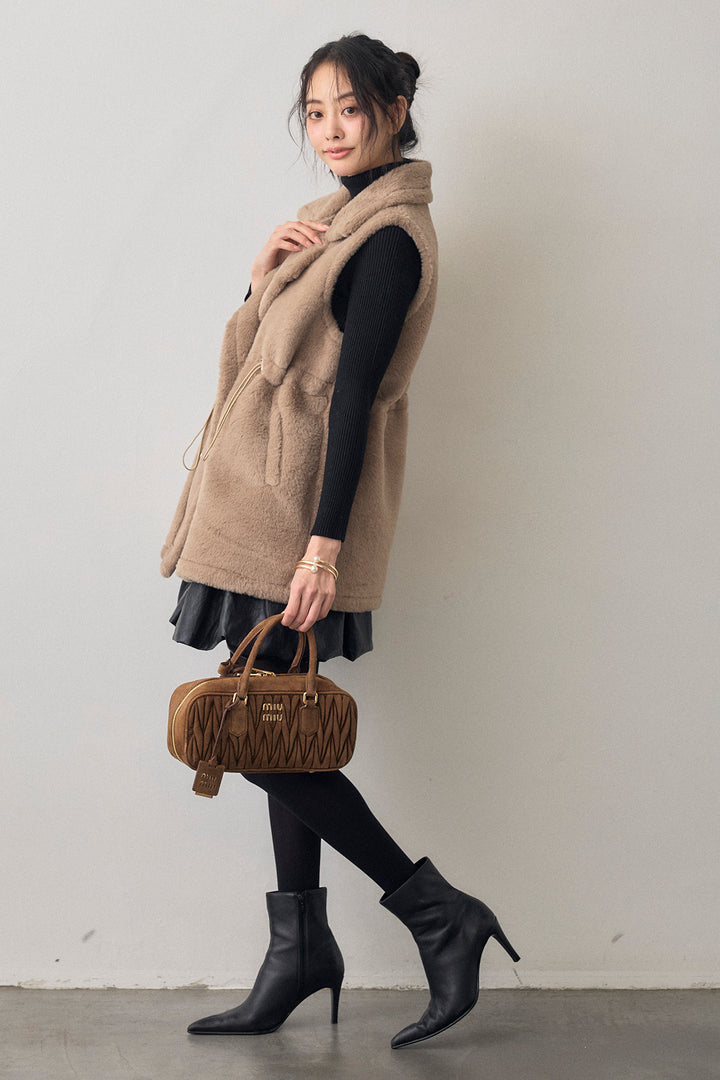 [予約/SET]テディボアウエストドロストベスト+フェイクレザーティアードバルーンミニスカート(2set)