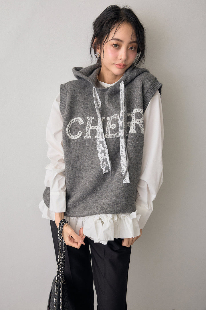 [予約/SET]パネルフレアヘムシャツ+レースリボンロゴフードスリーブレスニット+タックテーパードパンツ(3set)