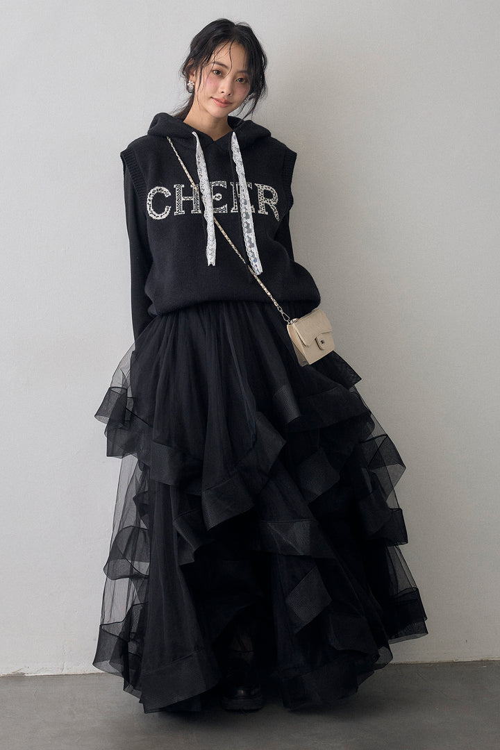 [予約/SET]レースリボンロゴフードスリーブレスニット+ランダムフリルティアードボリュームスカート(2set)