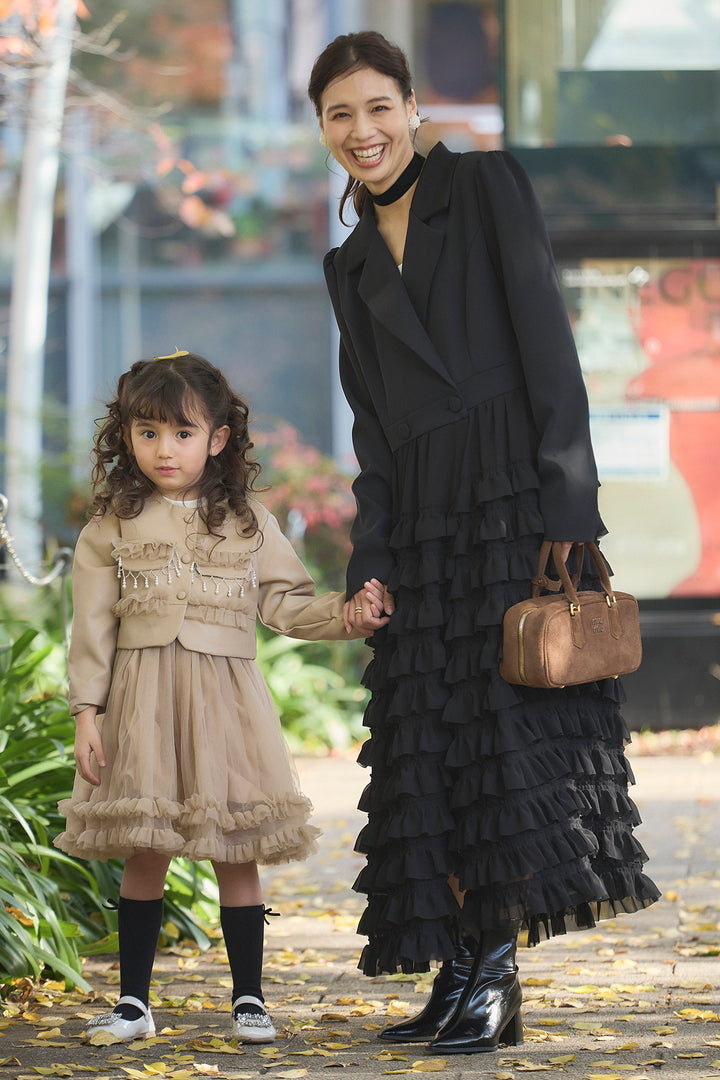 [予約/親子SET]ティアードチュールドッキングジャケットワンピース+[kids]フリルヘムチュールワンピ＋ジャケットセット(2set)