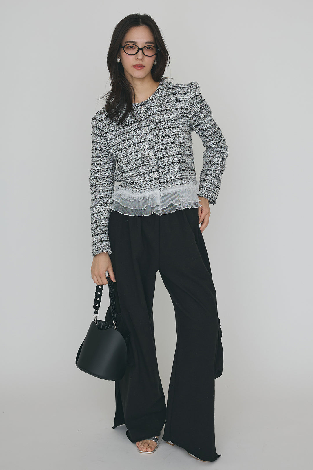 [予約/SET]プリーツフリルヘムライトツイードジャケット+ライトスウェットサイドリボンパンツ(2set)