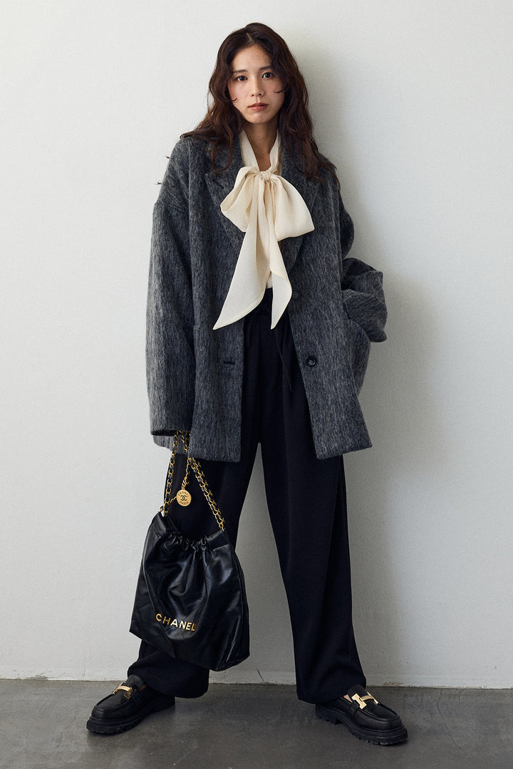 [予約/SET]前後2wayリボンシアーブラウス+シャギーミドル丈コート+2タック美シルエットパンツ(3set)