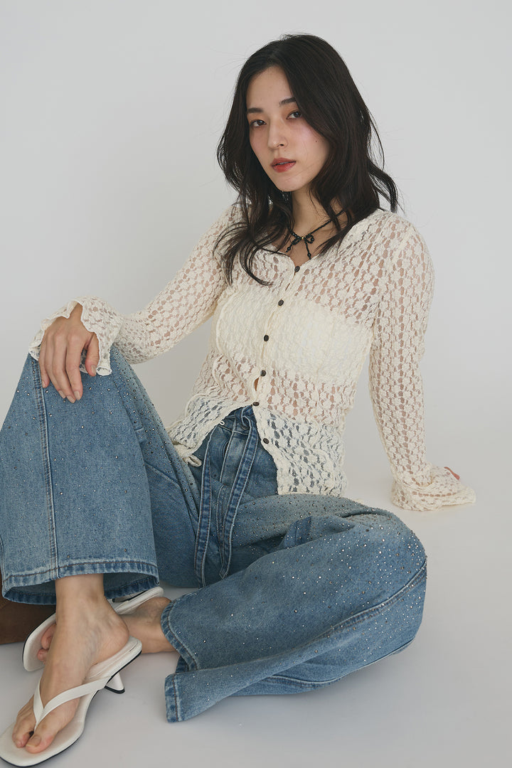 [予約/SET]カットレースフラワーVネックカーデ+ラインストーン美ラインデニム(2set)