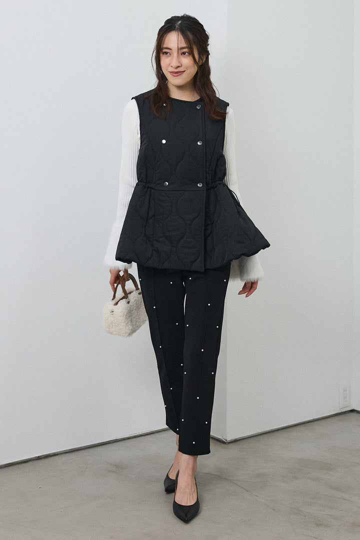 [予約/SET]フェザー切替スリーブフレアニット+キルティングフレアシルエットベスト+センターシームランダムパールパンツ(3set)