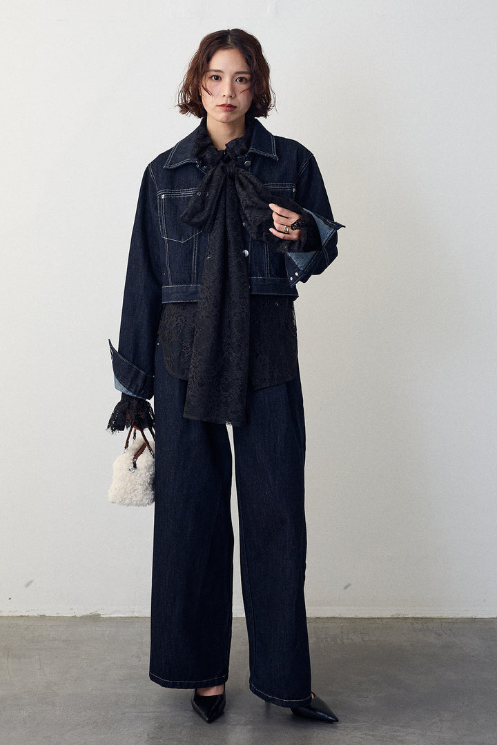 [予約/SET]クラシカルレースボウタイブラウス+クロップドデニムセットアップ(2set)