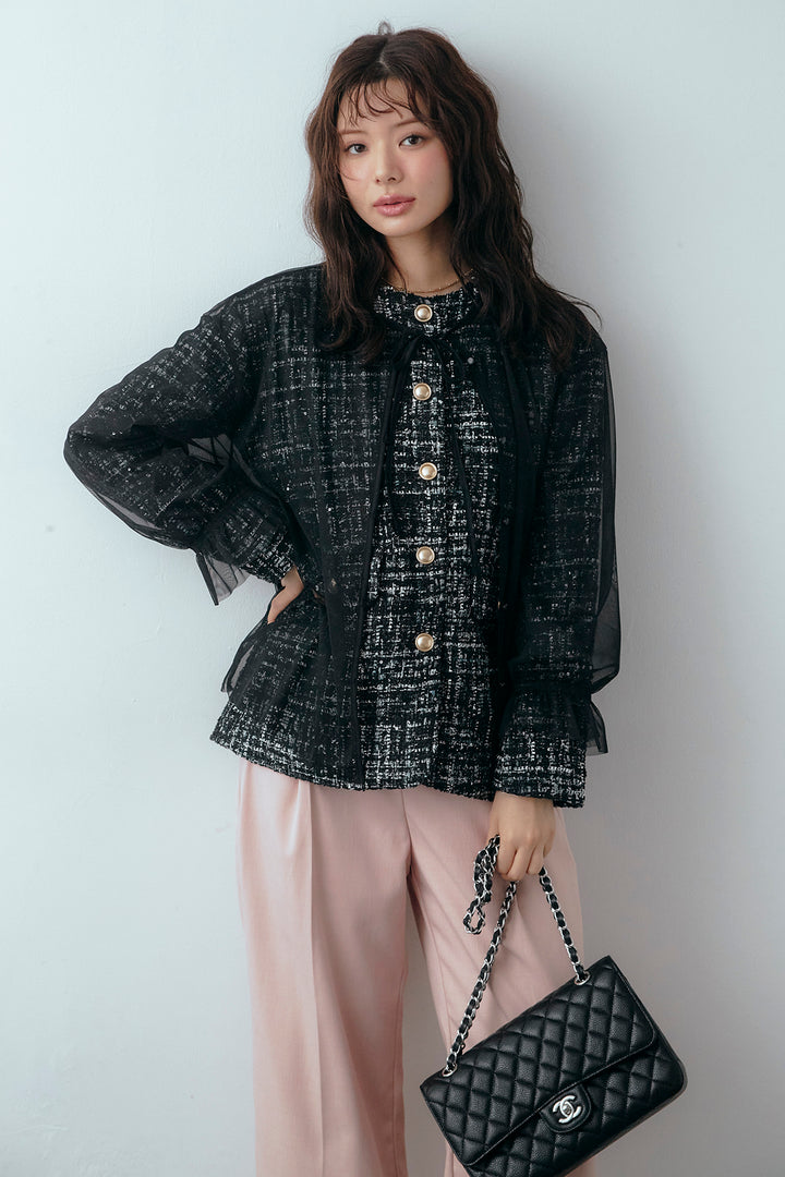 [予約/SET]2wayチュールレイヤードツイードジャケット+スプリングカラータックストレートパンツ(2set)