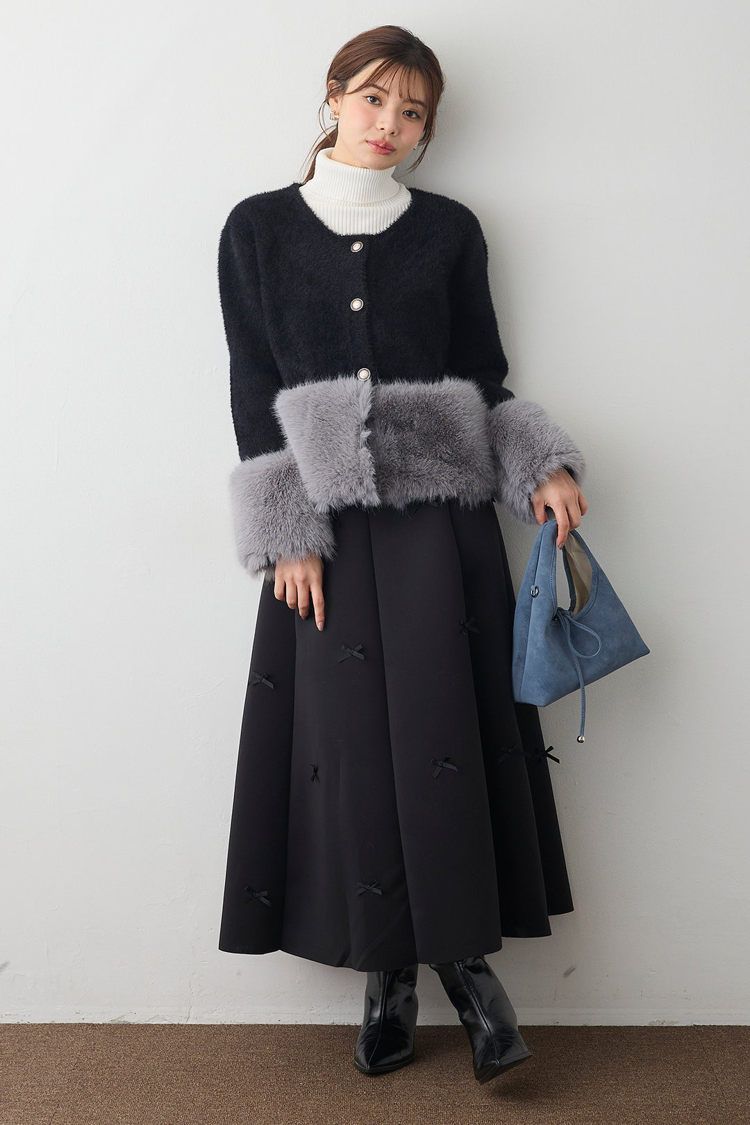 [予約/SET]配色ファードッキングコート+マルチパターンボンディングフレアスカート(2set)