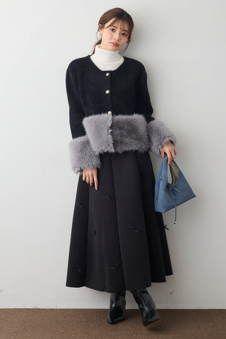 [予約/SET]配色ファードッキングコート+マルチパターンボンディングフレアスカート(2set)