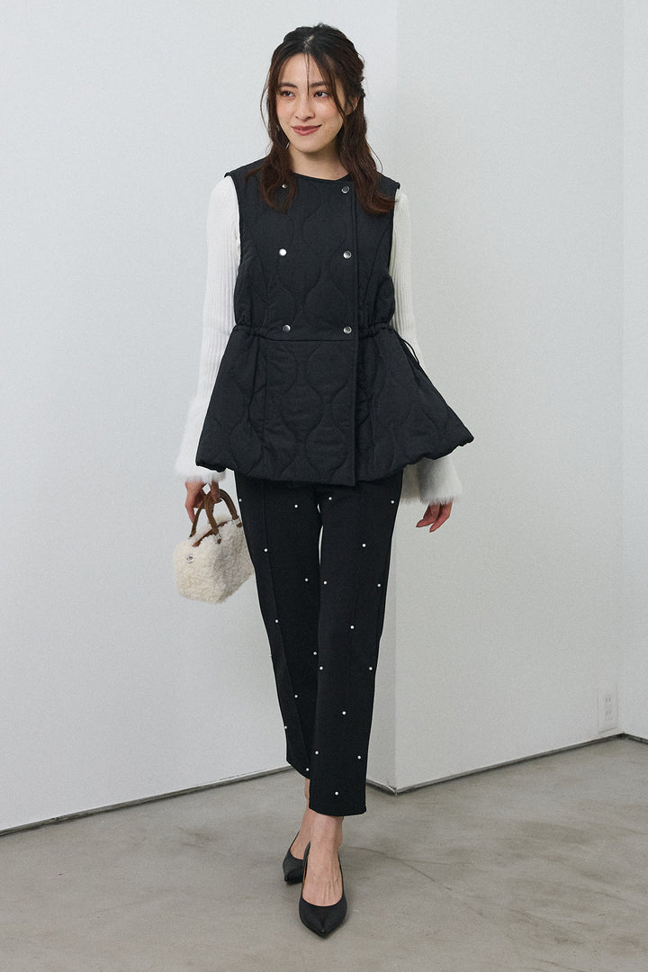 [予約/SET]フェザー切替スリーブフレアニット+キルティングフレアシルエットベスト(2set)