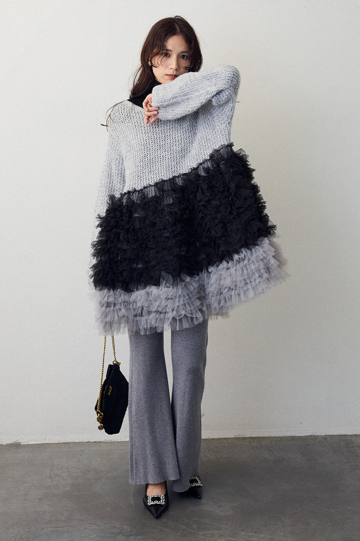 [予約/SET]ホイップチュールドッキングニットワンピ+リブストレッチフレアニットパンツ(2set)