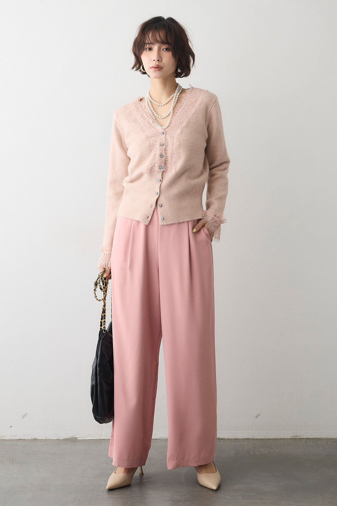 [予約/SET]レースVラインボタンニット+とろみドロストワイドパンツ(2set)