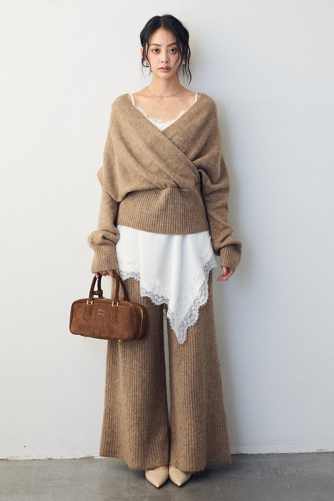 [予約/SET]カシュクール美ラインニットセットアップ+サテンレースアシメキャミ(2set)