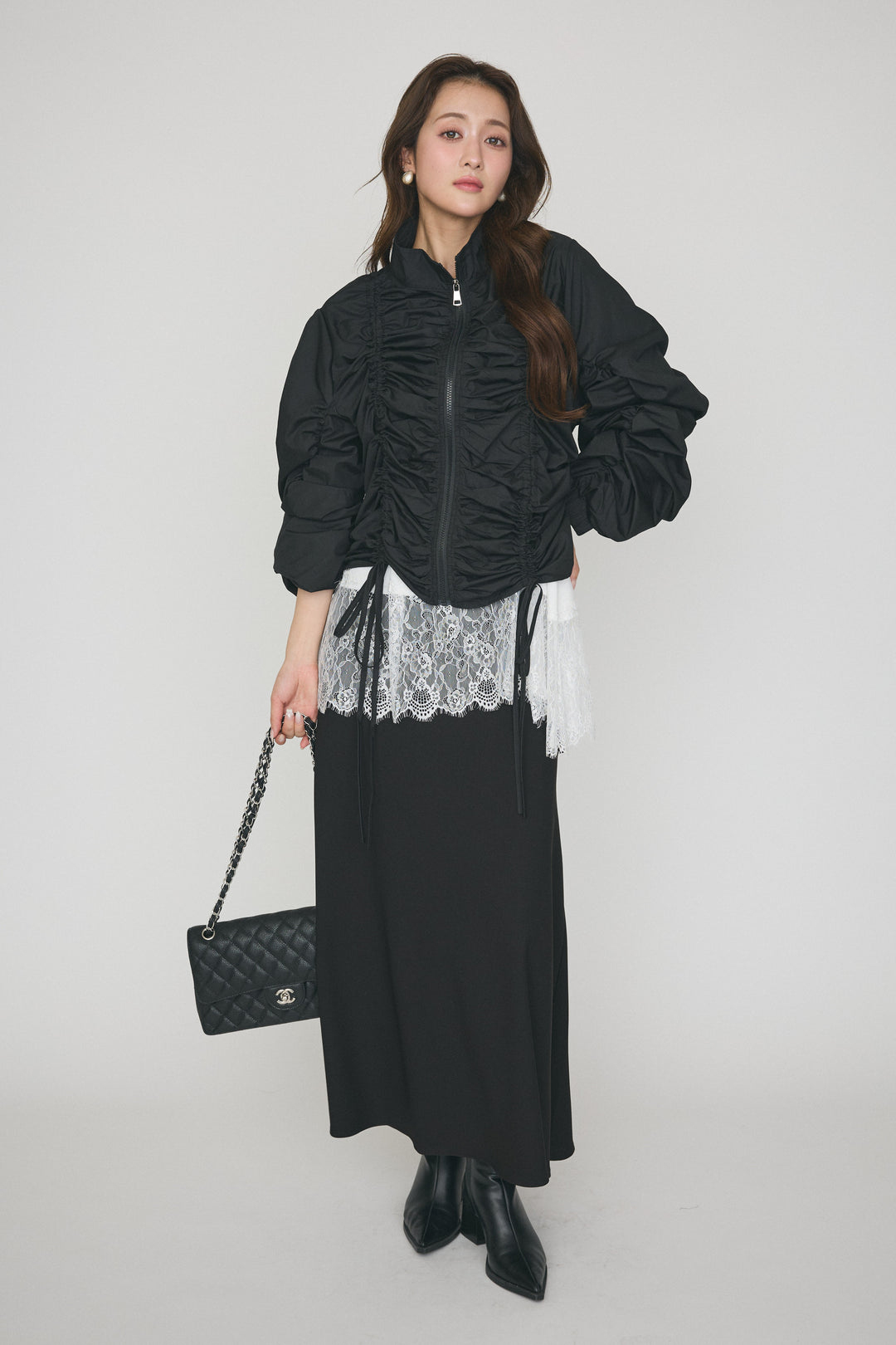 [予約/SET]ドロストリボンギャザーブルゾン+マーメイドシルエットマルチパターンスカート(2set)