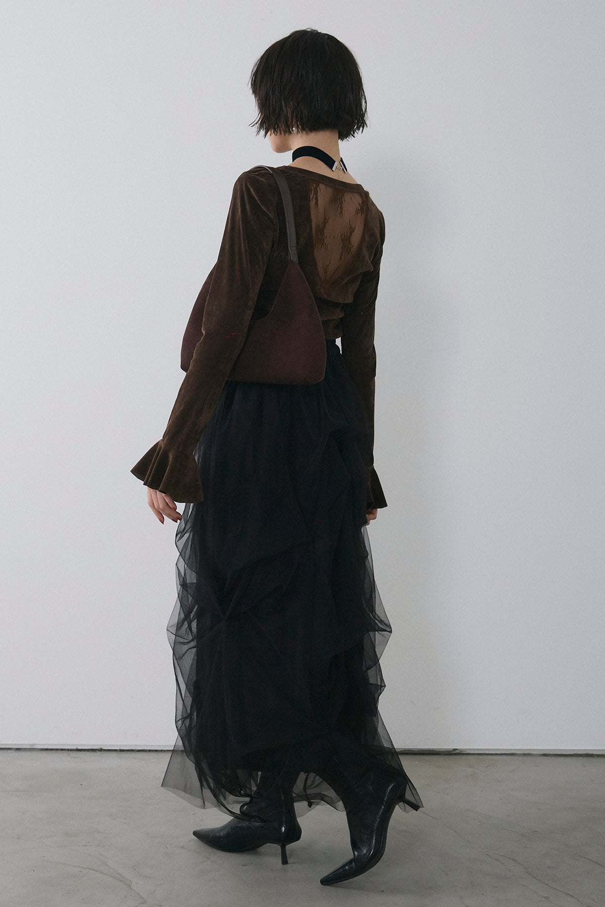 予約/SET]バックレースベロアトップス+マルチパターンタックチュール