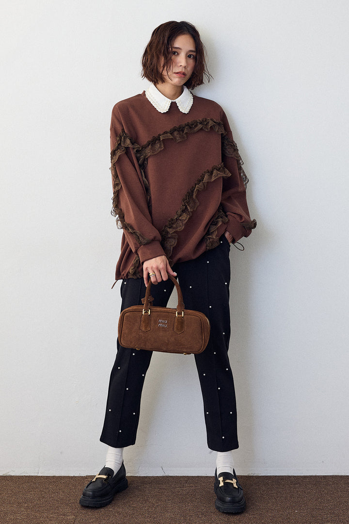 [予約/SET]2連パール付け襟+レースフリルランダムラインスウェット+センターシームランダムパールパンツ(3set)