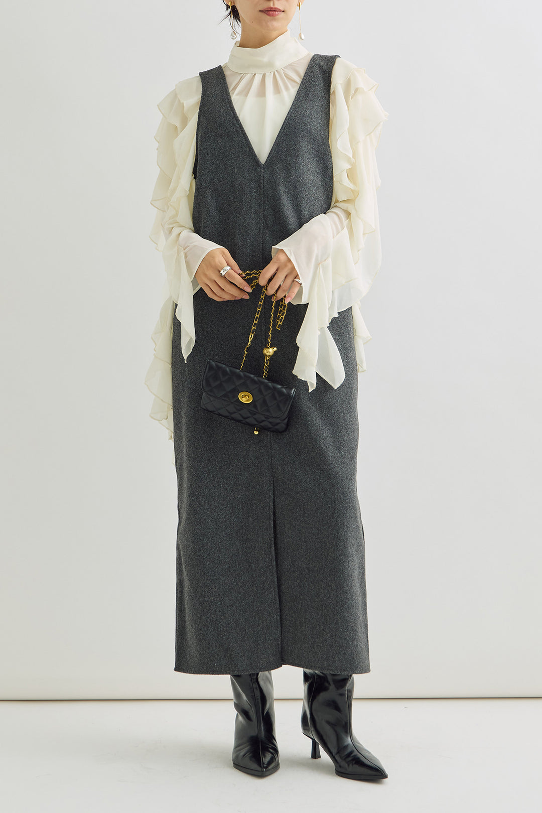 [予約/SET]シフォンツイストラッフルブラウス+フェイクウールVネックジャンバースカート(2set)