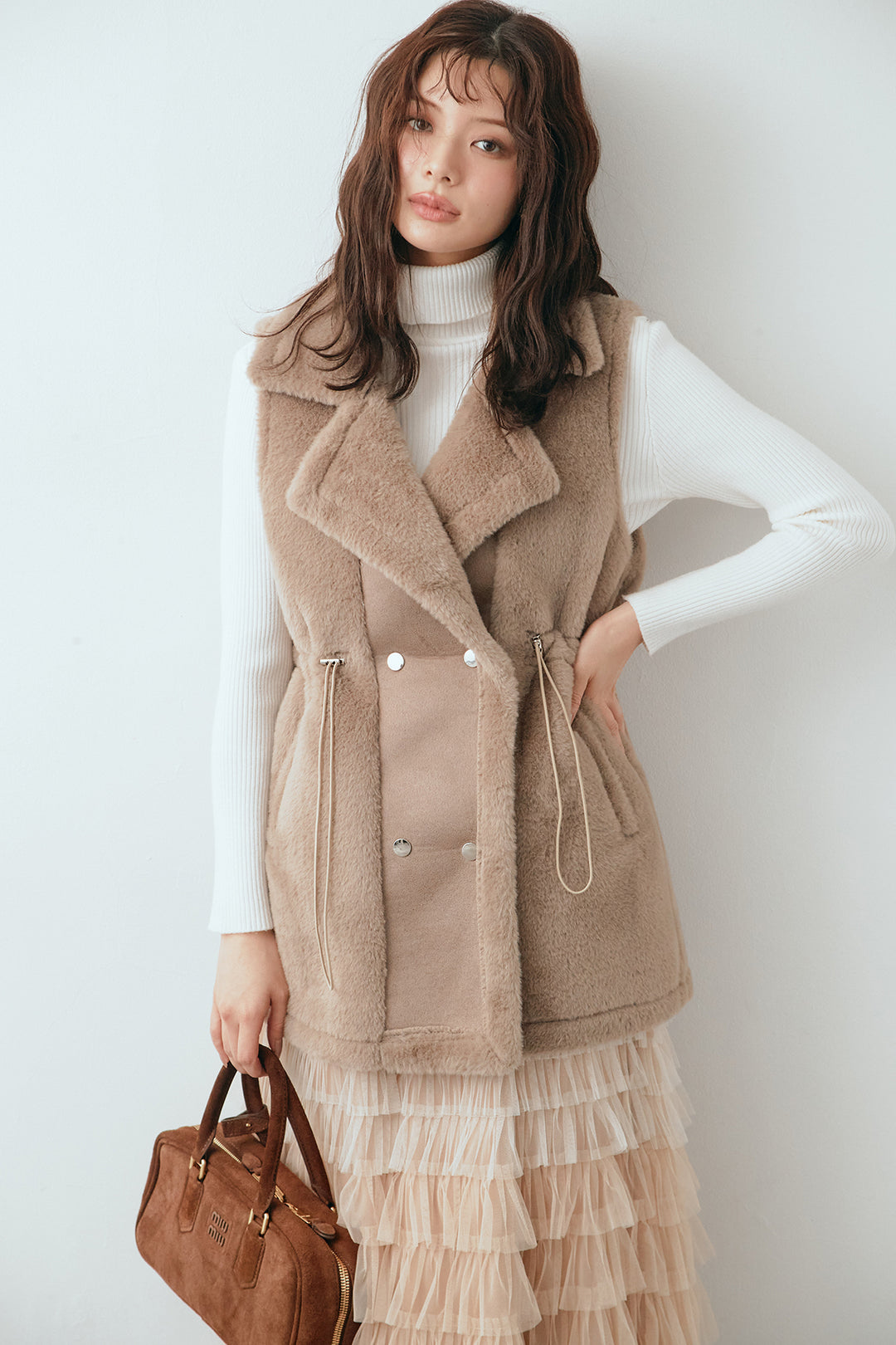 [予約/SET]ベーシックリブタートルニット+テディボアウエストドロストベスト+グラデーションチュールティアードスカート(3set)