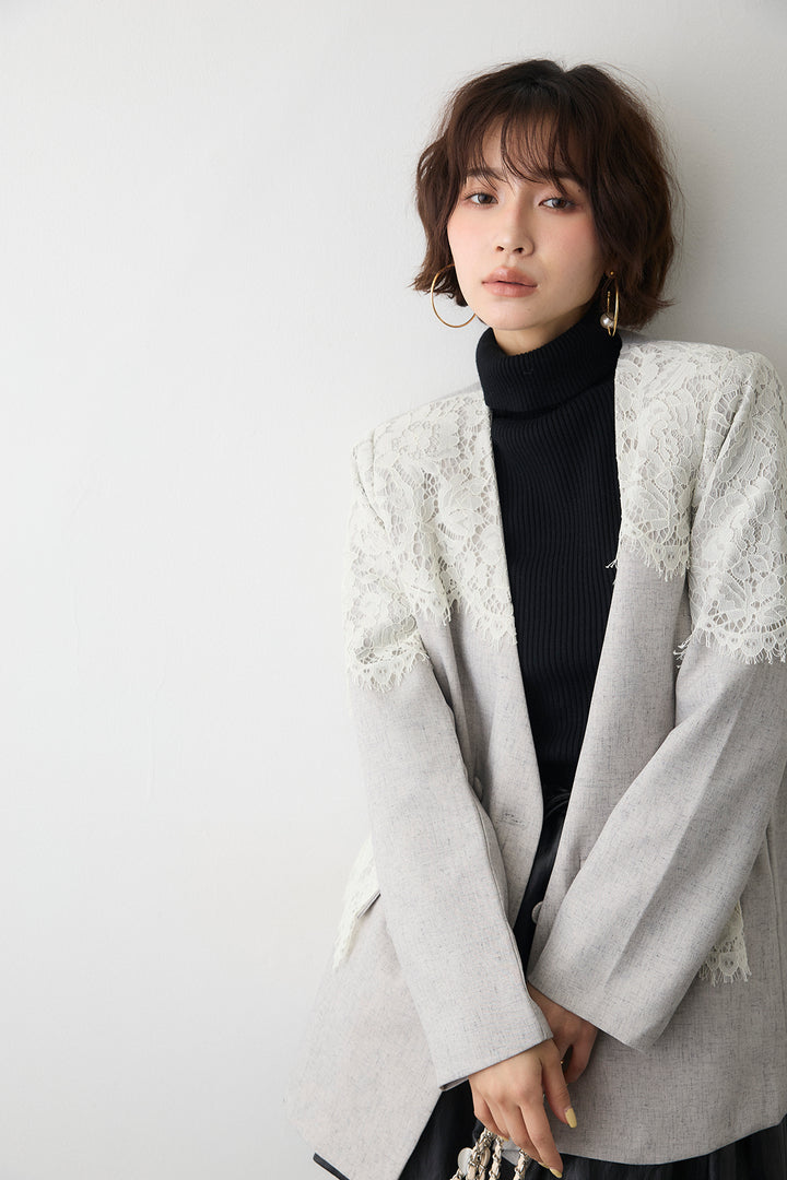 [予約/SET]ショルダーレースデザインジャケット+フェイクレザーティアードバルーンミニスカート(2set)