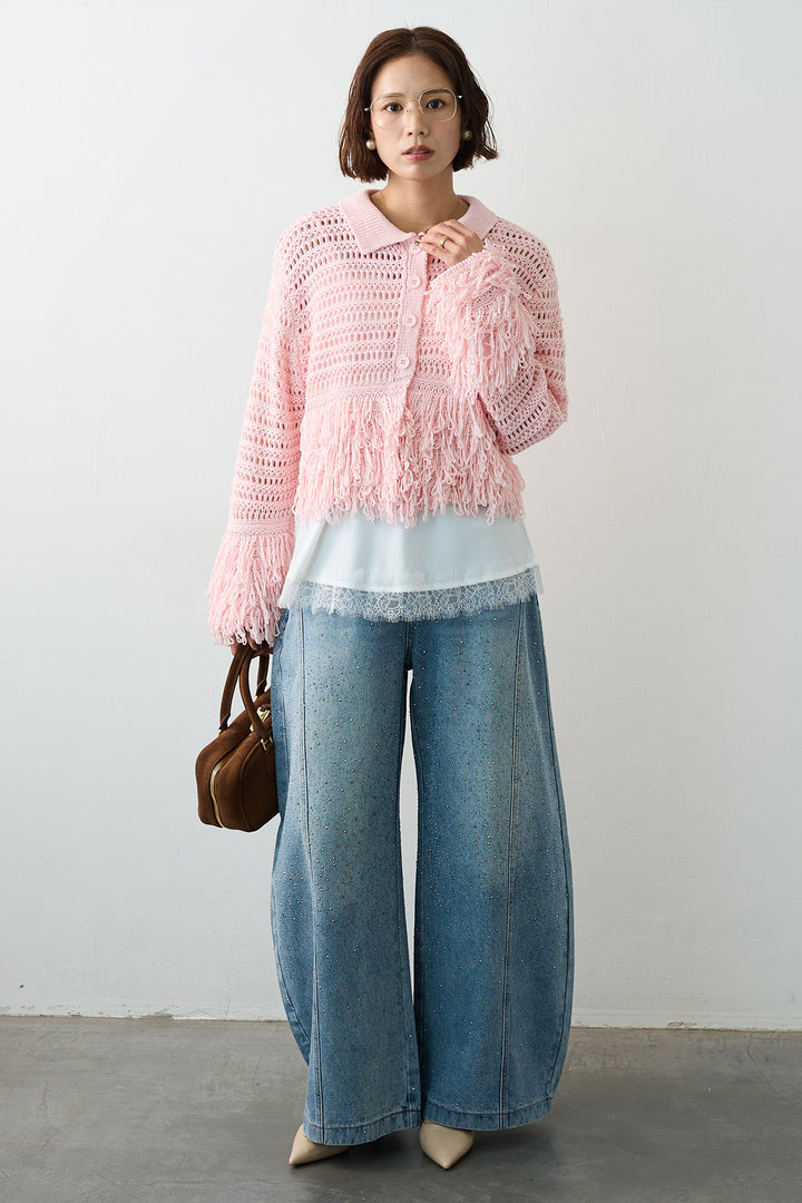 [予約/SET]繊細レースサテンキャミ+メッシュフリンジクロップドニット+スパークルラインストーンカーブデニム(3set)