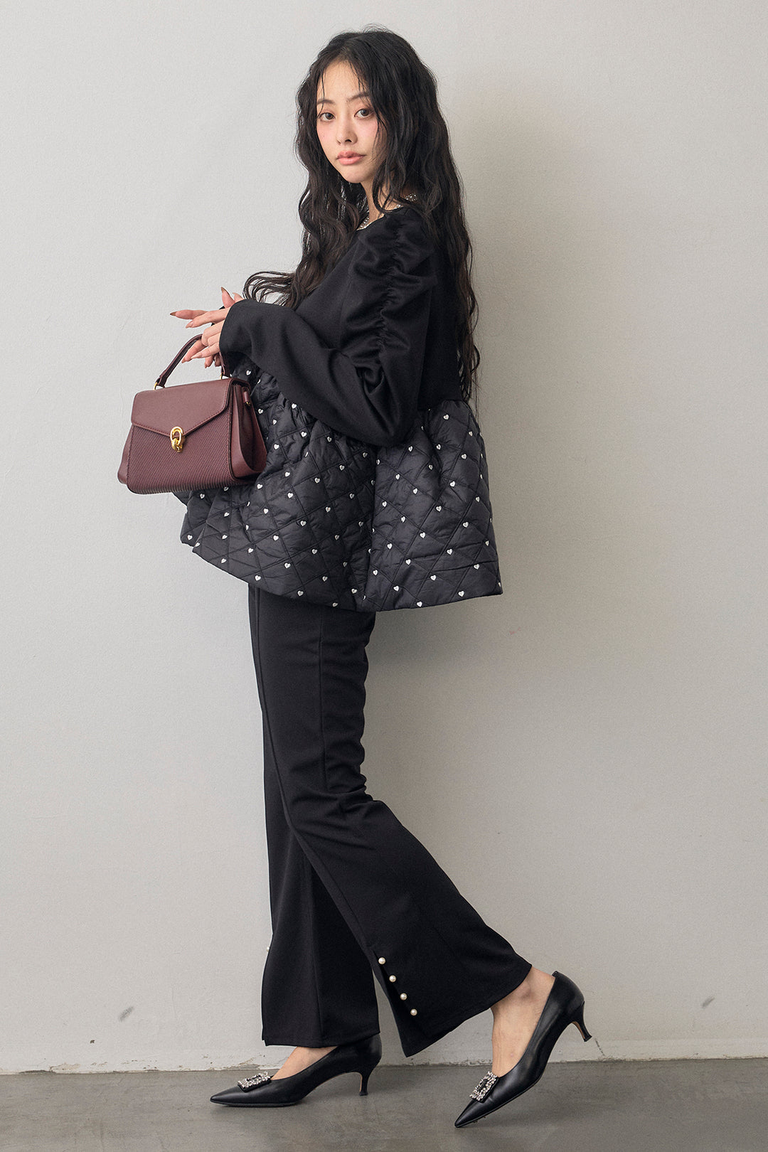 [予約/SET]ハートキルティングドッキングぺプラムチュニック+センタースリットパールパンツ(2set)