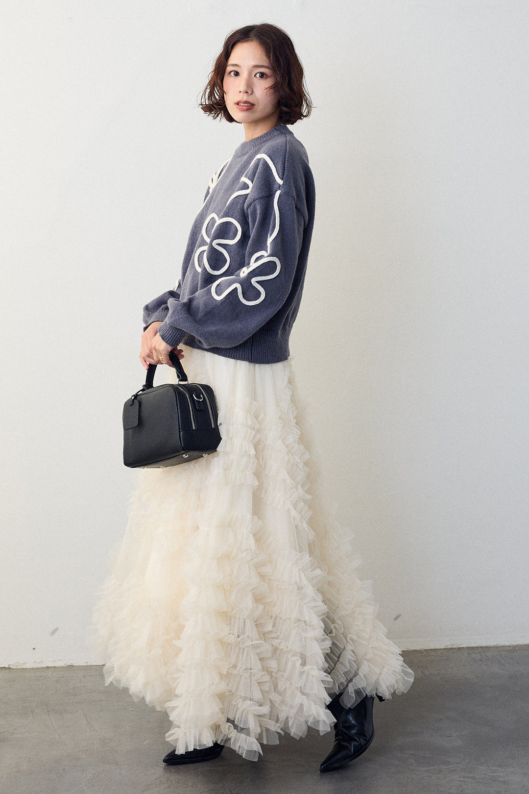 [予約/SET]コードフラワーニットプルオーバー+スフレアシメチュールスカート(2set)