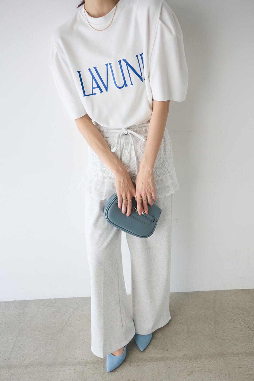 [予約/SET]LAVUNEパフスリーブTシャツ+レースレイヤード風スウェットパンツ(2set)