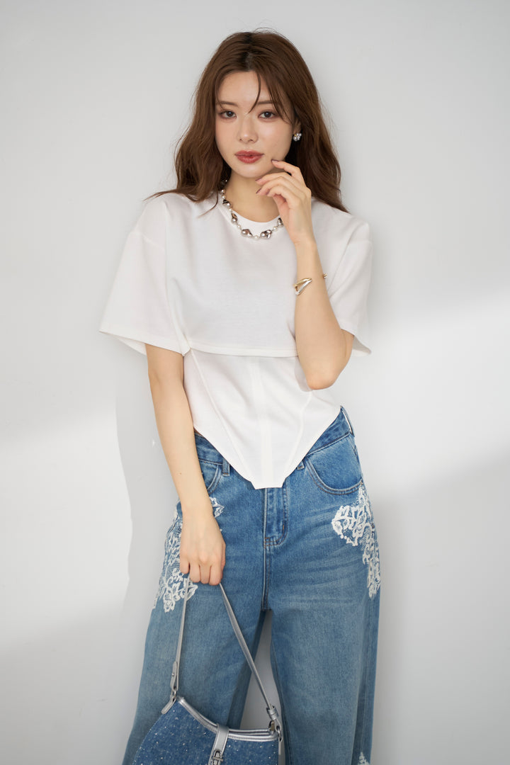 [予約/SET]バックレースアップTシャツ+レースプリントデザインデニムパンツ(2set)