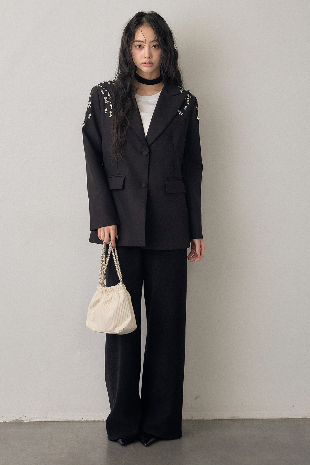 [予約/SET]ショルダービジューマニッシュジャケット+ウォームタッチイージーパンツ(2set)