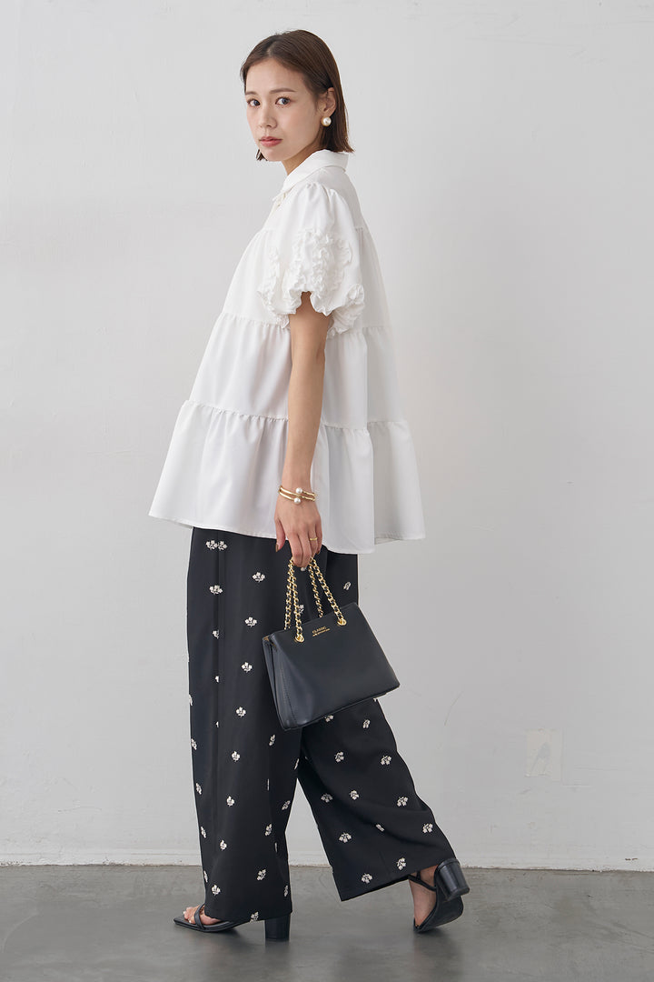 [予約/SET]フリルウェーブスリーブティアードブラウス+フラワー刺繍ツイルストレートパンツ(2set)