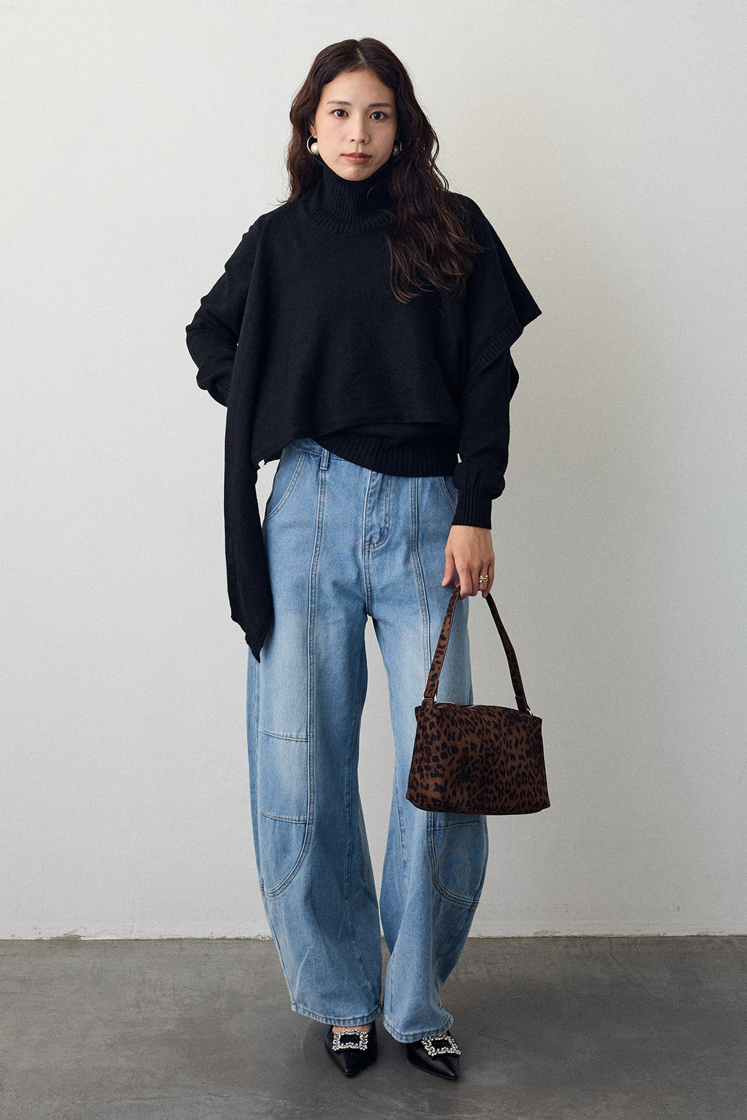 [予約/SET]アシメケープ2wayニット+ステッチ美ラインカーブデニムパンツ(2set)