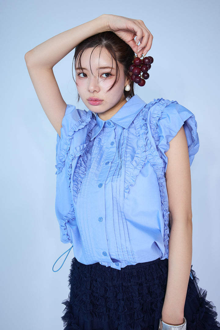 [予約/SET]ミックスフリルピンタックサイドドロストブラウス+ホイップチュールティアードスカート(2set)