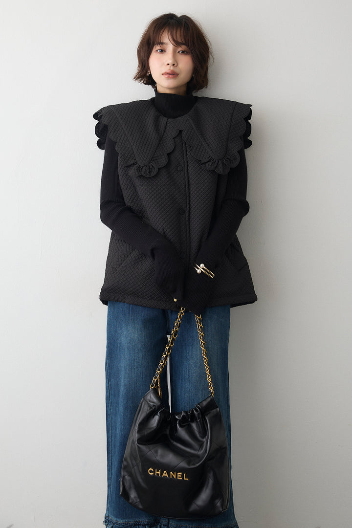 [予約/SET]ベーシックフィンガーホールリブニット+スカラップBIGカラーベスト+フリルヘムデニムパンツ(3set)