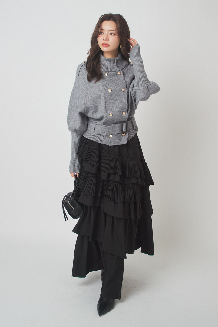 [予約/SET]ベルテッドダブルボタンニット+アシメプリーツティアードデザインスカート(2set)