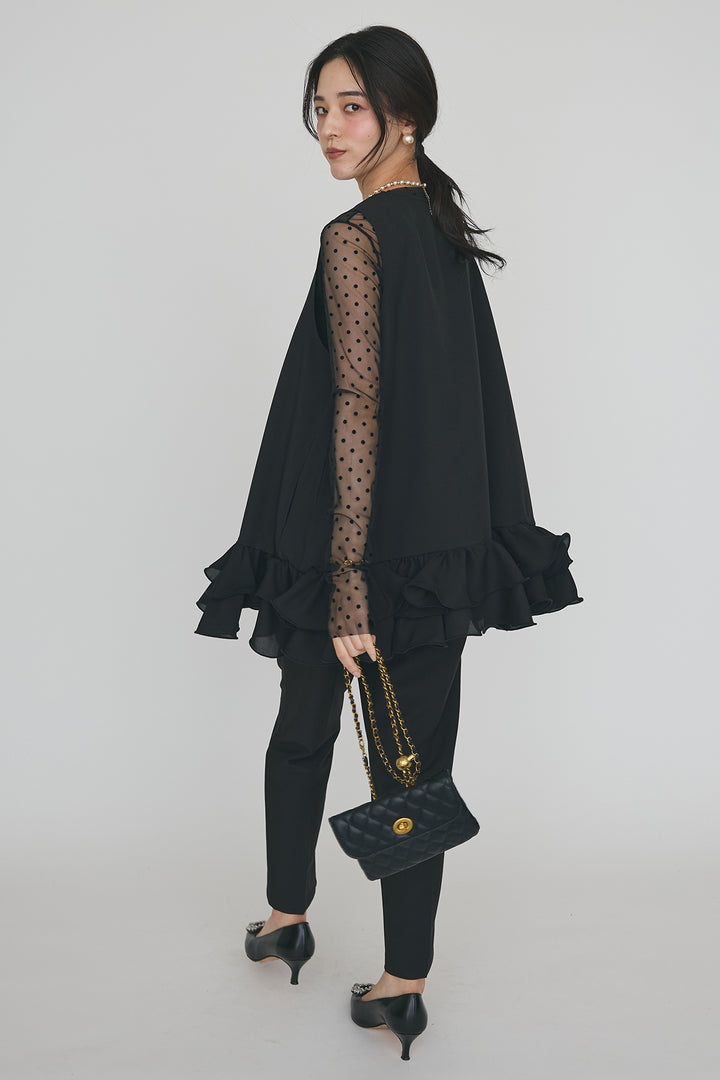 [予約/SET]シアードットフロッキートップス+異素材フリルヘムVネックチュニック+タックテーパードパンツ(3set)
