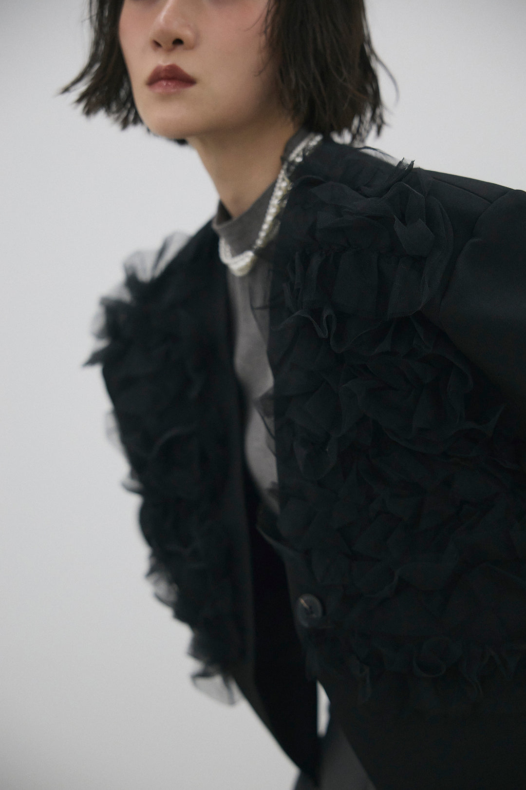 [予約/SET]ハーフスリーブハイネックニット+ホイップチュールショート丈ジャケット+バックリボンストレートパンツ(3set)