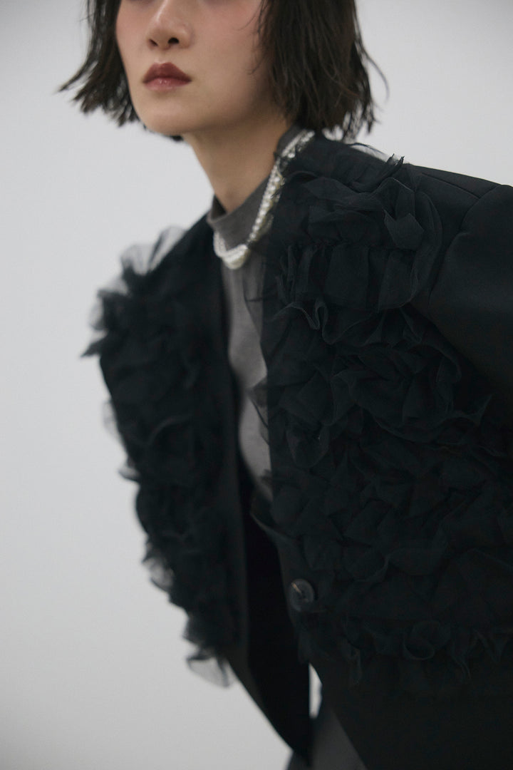 [予約/SET]ハーフスリーブハイネックニット+ホイップチュールショート丈ジャケット+バックリボンストレートパンツ(3set)