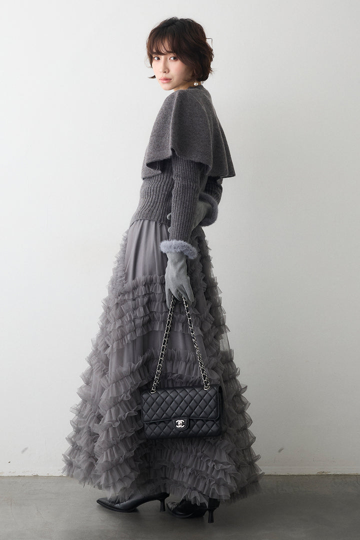 [予約/SET]ミックス釦ケープ2wayニット+スフレアシメチュールスカート(2set)