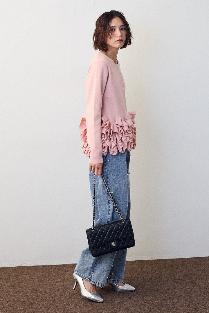 [予約/SET]フリルホイップニットカーディガン+パールスタッズストレートハイウエストデニム(2set)