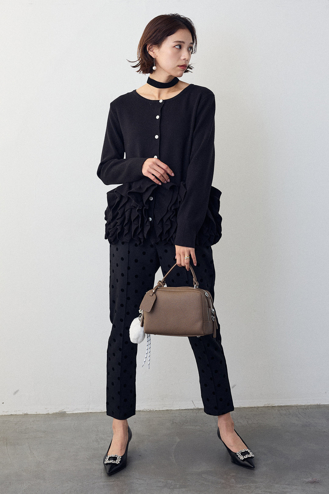 [予約/SET]フリルホイップニットカーディガン+ドット柄センターラインテーパードパンツ(2set)