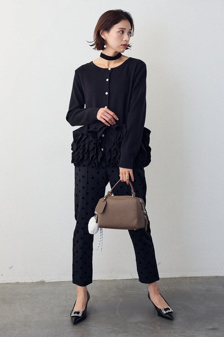 [予約/SET]フリルホイップニットカーディガン+ドット柄センターラインテーパードパンツ(2set)